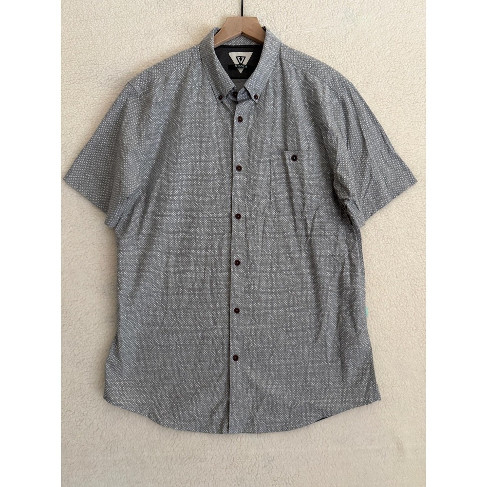 Vissla Shirt Men's XL Gray Polka Dot Short Sleeve Button Up Woven Cotton Casual